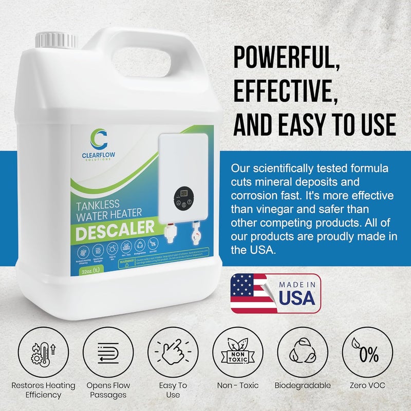 Clearflow Solutions Tankless Water Heater Descaler - Premium Descaler for Tankless Water Heater Systems, Restores Heating Efficiency, Nontoxic, Biodegradable, Made in USA! 32 Ounce (Quart) - Image 2